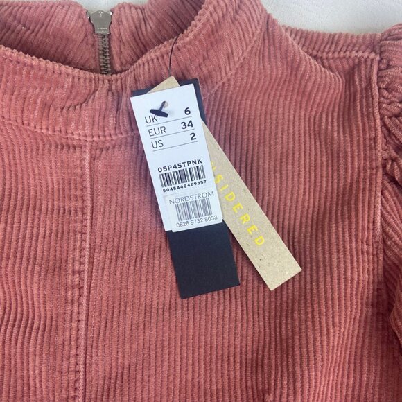 TOPSHOP Pink Mauve Corduroy Baby Doll Puff Sleeve Mini Dress US Size 2 - Picture 3 of 12